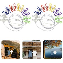 Portable Clothesline, 2 Pack Travel Washing Line with 12PCS Colorful Clips, Adjustable Portable Camping Washing Line, Elastic Retractable Clothes Line for Indoor and Outdoor(Colorful)