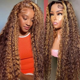 NARNI Honey Blonde Deep Wave Lace Front Wig Human Hair P4/27 13x4 Lace Frontal Wigs Human Hair 200 Density Highlight Ombre Curly Glueless Wigs Pre Plucked 24 Inch