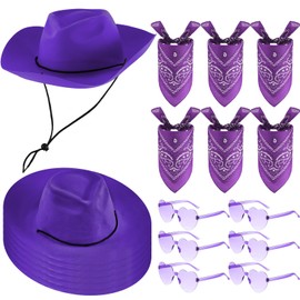 Newcotte 18 Pcs Western Cowboy Plastic Hat Set Include 6 Hats 6 Paisley Bandanas 6 Pairs Heart Glasses for Party(Purple)