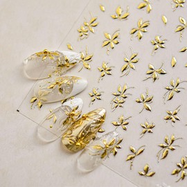 1 Sheets 5D Embossed Flowers Nail Art Stickers Self Adhesive Flower Nail Stickers for Nail Art Gold Floral Nail Decals Nail Design Stickers Spring Nail Supplies for Women Girl DIY Manicure Decor