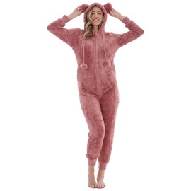 Keanu KL759-R-20-22 - Ladies Snuggle Fleece Onesie with Novelty Hood and Pom Poms - Pink Rose Gold - Size 20-22