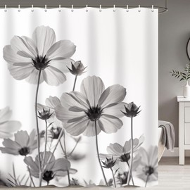 MERCHR Unique Floral Grey Shower Curtain for Bathroom Decor, White and Gray Daisy Flower Elegant Wildflower Design Farmhouse Shower Curtains with Hooks Set, 71 X 71 Inches