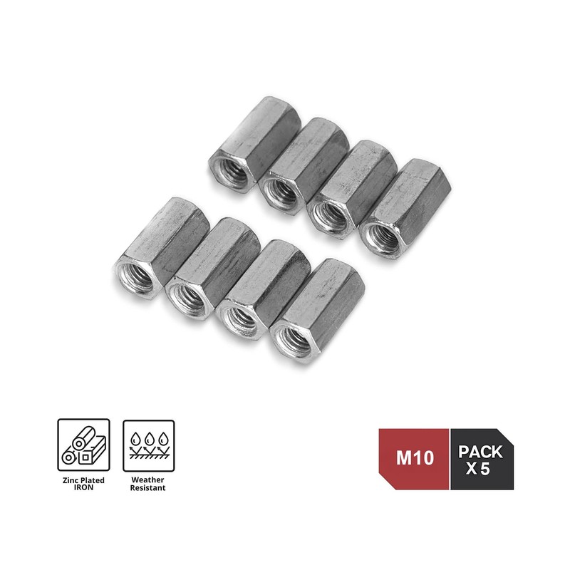 DOJA Industrial Hex Nut Long Rod Nut M10 Pack 5
