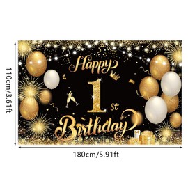 Happy 1st Birthday Banner Gold 1.1 x 1.8m Happy 1st Birthday Banner Backdrop 1st Birthday Decorations for Boys Girls, 1 Year Old Birthday Anniversary Party Supplies (Black Gold)