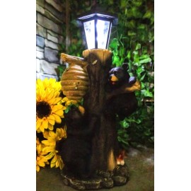 Large Climbing Black Bear Cubs With Beehive Statue W/ Solar LED Lantern Light