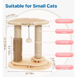 Made4Pets Cat Scratching Post, Cat Self Groomer for Indoor Cats, Cloud Soft Perch for Rest, 17.5" Tall Natural Sisal Scratcher Cat Grooming Interactive Ball Track Toys for Small Cats Kittens