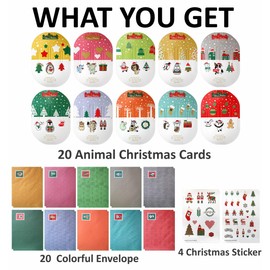 20 Pack Small Size Merry Christmas Cards with Colorful Envelopes, 3.1 X 4.3 Inch, Cute Funny Animals Cat Dog Snow Xmas Cartoon Winter Holiday Style Greeting Cards 2X10 Animals