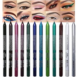 evpct 12Pcs Verde Azul Blanco Negro Marrón Púrpura Color Gel Glitter Delineador de Ojos Set de Lápices para Mujeres Waterline Impermeable A Prueba de Manchas Lapiz de Ojos Delineador de Ojos Contra El