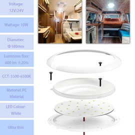 DAMAVO 12 Volt LED Lights 7" DC 12/24V 10W Downlight 5500-6500K Bright White Round Dome Camper RV Interior Lights Ceiling LED Panel Light for Inside Car Motorhome Travel Caravan Marine Boats