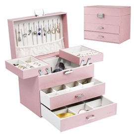 Dajasan Jewelry Boxes for Women Girls, Jewelry Storage Organizer, 4 Layers Large Jewelry Organizer Box with 2 Drawers for Friends, Wife or Mother Gift (Pink)