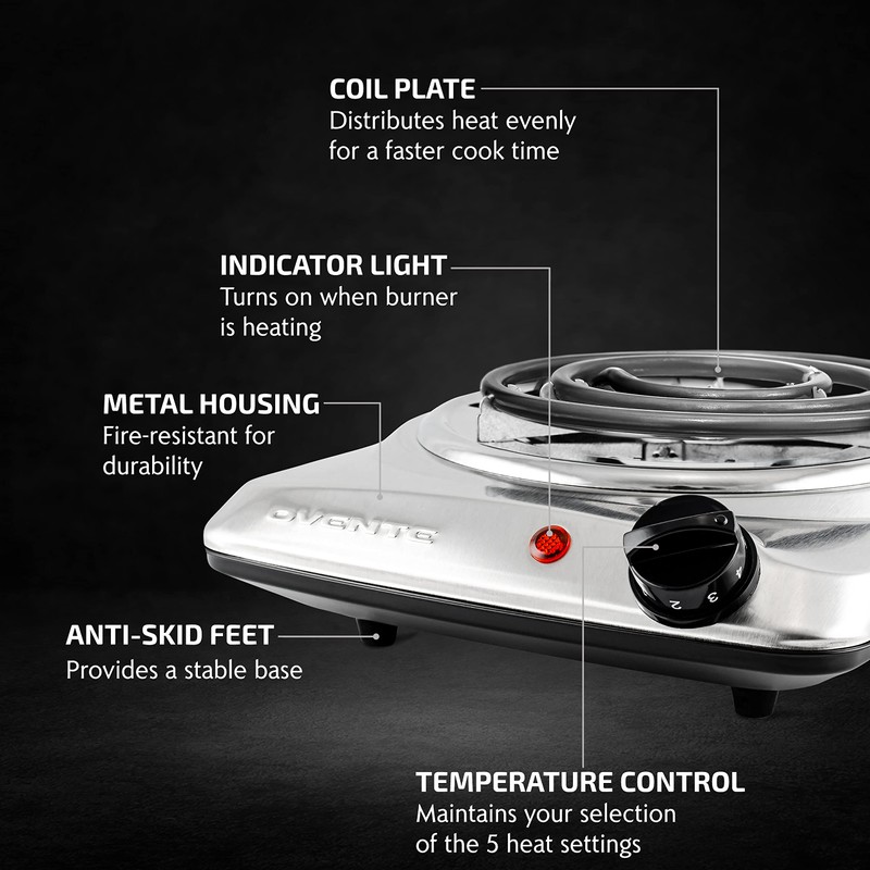 OVENTE Electric Countertop Single Burner, 1000W Cooktop with 6" Stainless