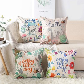 JOTOM Cushion Cover 45 x 45 cm Cotton Linen Cushion Cover Waist Throw Sofa Cushion Cover Decorative Cushion for Home Couch Bedroom Outdoor Decoration Set of 4, Colourful Spring, 45 x 45 cm