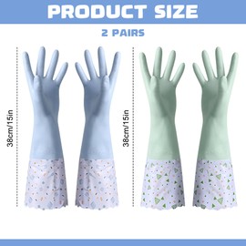 2 Pairs Blue Flock Lining Dishwashing Cleaning Gloves Multi-purpose Long Cuff Household Gloves Reusable Green Rubber Gloves Non-Slip Washing Up Wide Mouth Gloves for Kitchen Bathroom Garden Painting