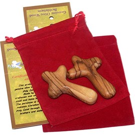 Holy Land Market Small Olive Wood Pocket Comfort Holding Cross Package with Velvet Bag & Lord's Prayer Card - The Holding or Hand Cross (2 inches) (2)