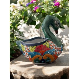 Colorful Talavera Ceramic Swan Planter, 8” Wide x 7” Tall, Hand-Painted Decorative Mexican Pottery for Indoor and Outdoor Use, Vibrant Colors, Unique Floral Design, Perfect for Home and Garden