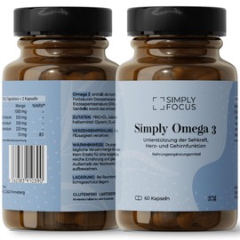 Simply Focus - Simply Omega 3-60 Capsules with 1000 mg Fish Oil Each - EPA & DHA to Maintain Normal Heart and Brain Function and Vision Support - Gluten and Lactose Free