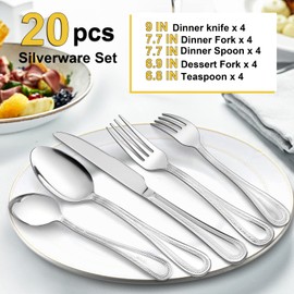 20-Piece Silverware Set for 4, E-far Stainless Steel Flatware Cutlery Set with Pearled Edge, Include Forks Spoons and Knives, Modern Tableware Eating Utensils for Kitchen Restaurant, Dishwasher Safe