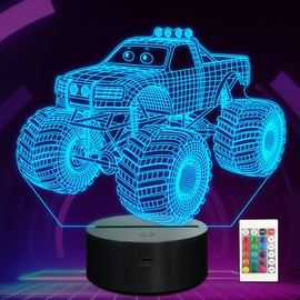Ammonite Monster Trucks Night Light, Monster Trucks Pica 3D Illusion Lamp for Kids, 16 Colors Changing with Remote Control & Timer, Creative Birthday Xmas Gifts for Kids Boys Bedroom Decor