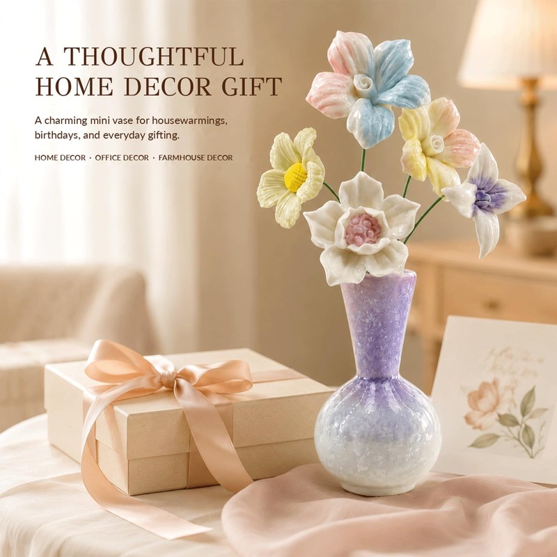 Mini Ceramic Vase with 5 Removable Porcelain Flowers, Purple Crystal