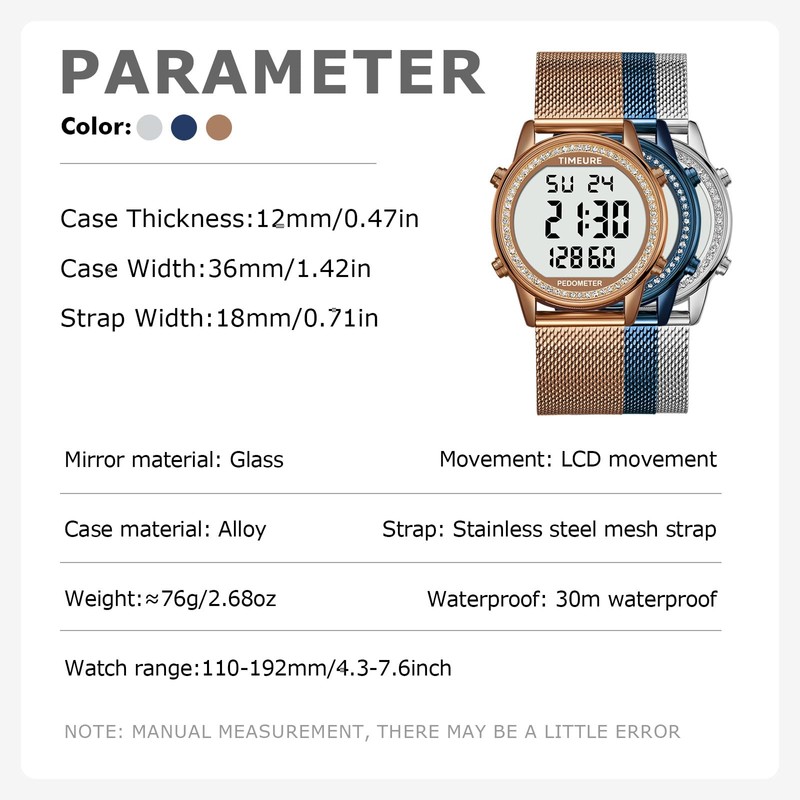 TIMEURE Women's Step Counter Pedometer Watch Crystal Stone, No App,