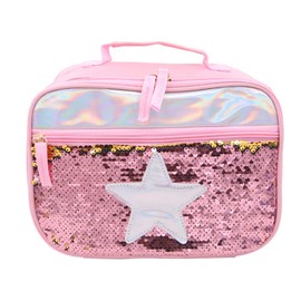 Portable Sequin Lunch Box Bag Insulated Lunch Food Tote Bag Reversible Sequin Mermaid Carry Bag Resistant Cooler Working School Picnics Star Food Storage Bag for Women Man Girl Kids (Pink)
