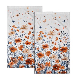 Orange Wildflowers Hand Towel Set of 2, 14x28 Inch Watercolor Botanical Floral Leaves Absorbent Soft Dish Cloth Towels for Home Kitchen Coffee Bar Guest Room Decor