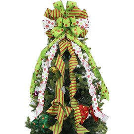 SALOCY Christmas Tree Topper,45"x12" Large Green Christmas Bow Tree Decor, Red Green Dot Polyester Bow for Xmas Ornament for Family, Wedding, Indoor Outdoor Thanksgiving Christmas Decoration