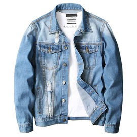 LONGBIDA Men's Jean Jacket Ripped Distressed Denim Trucker Coat with Holes(Blue,M)