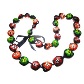 Aloha Passion Hawaiian Style Kukui Nut Lei, Hand Painted Multi-color Hibiscus 32 Inches