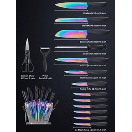 Knife Set, D.Perlla Rainbow Titanium Knife Block Set, 16 Pieces High Carbon Stainless Steel Kitchen Knife with Acrylic Stand, Non Slip Handle