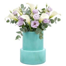 Green Ribbed Glass Vase, Modern Design Flower Vase