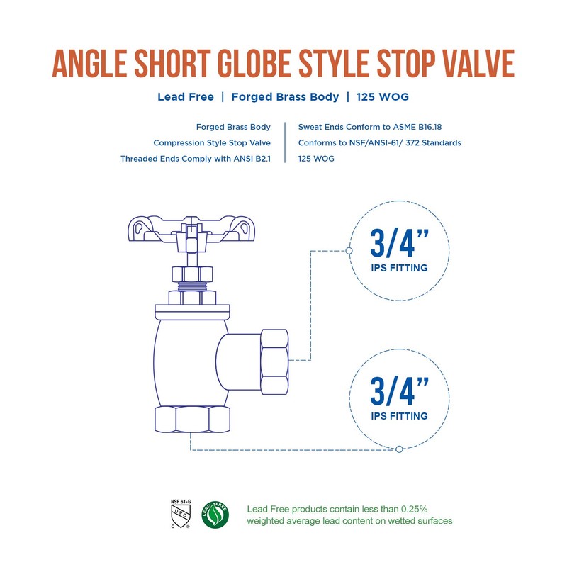 Everflow Supplies 74342-NL 3/4" ANGLE NO LEAD SHORT GLOBE VALVE