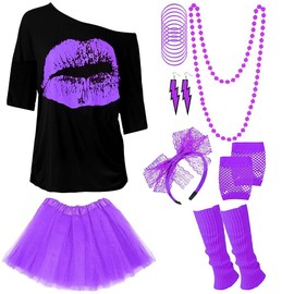 FCYQSD 80s Fancy Dress for Women 80s Costume Accessories Set Dress T-Shirt Tutu Skirt Lace Headband Neon Earrings Necklace Leg Warmers Fishnet Gloves Bracelet for Party (Purple, M)