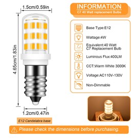 Megereet E12 LED Bulb 40w Replacement LED Candelabra Bulbs C7,Type B Candelabra Base 3000K Warm White, E12 4W LED Light Bulbs for Ceiling Fan Pendant Lighting Salt Lamp,Non-Dimmable,2 Pack