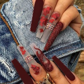 Maple Leaf Press on Nails Long Coffin Fake Nails Dark Red False Nails Press ons with Rhinestone Design Acrylic Nails Full Cover Glue on Nails Thanksgiving Stick on Nails for Women Manicure 24Pcs