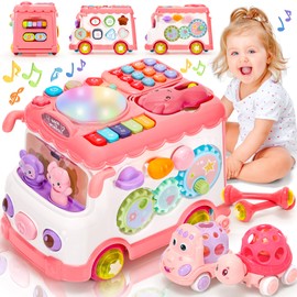 AmiDear Baby Gift for 1-2 Year Old Girl, 10-in-1 Montessori Toys Bus for Baby 6-12-18 Months+, Educational Musical Sensory Learning Toddler Toys Age 1-2, First Christmas and Birthday Gifts Pink