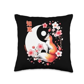 Kitsune fox cherry Blossom in Ying Yang sakura Tree Design Throw Pillow