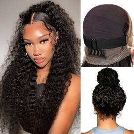 360 Deep Wave Lace Front Wigs Human Hair Hidden Strap Glueless Wigs Human Hair Pre Plucked Pre Cut 24 Inch Full HD Lace with Drawstring Deep Wave Wigs for Women Water Wave 180% Density Natural Black