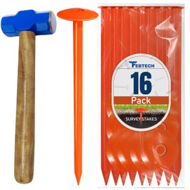 FEBTECH - Septic Tank Marker - 2.3" x 7" - Suitable Property line Markers for Protecting Your Septic Tank and Property Boundary with Solid and Sturdy Survey Stakes - Pack of 16 Pcs + 1 Hammer