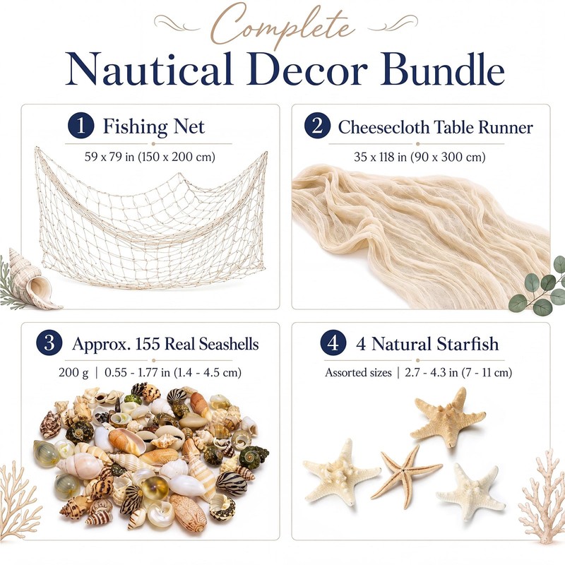 Irenare Nautical Party Decorations with Fishing Net Table Runner 155