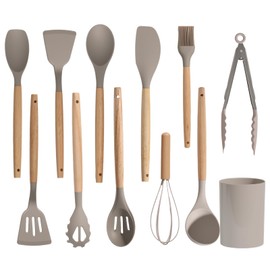 Silicone Cooking Utensil Set,12 PCS Cooking Cookware Kitchen Utensils Set, Nonstick 446°F Heat-Resistant Cookware Kitchen Tools of Spatula,Turner Tongs,Spoon,Brush,Whisk, (khaki)