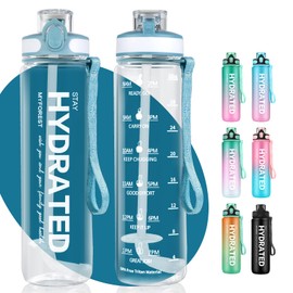 MYFOREST 1L Tritan™ Trinkflasche, großer Auslauf für großer Schluck/abnehmbarer für klein Trinken, 100% spülmaschinenfest! Zeitmarker für motivierende Flüssigkeitszufuhr, BPA-frei Wasserflasche