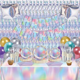 Iridescent Birthday Party Decorations 170pcs Iridescent Birthday Party Supplies Iridescent Happy Birthday Banner Balloons Tablecloth Napkins Cups Plates Foil Backdrop Disco Birthday Decorations