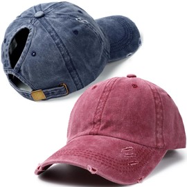 Lvaiz Hats 2 Pack Ponytail Baseball Caps for Women Cotton Distressed Washed Dad Hat Adjustable High Bun Sport Golf Hat
