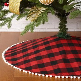 Sattiyrch Christmas Tree Skirt 48 inch Round Buffalo Plaid with White Pom-poms Decorations
