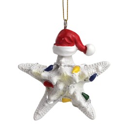 Resin Starfish with Santa Hat Ornament, Nautical Christmas Tree Decoration, 2.25 Inches