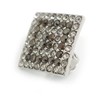 Clear/Dark Grey Crystal Square Clip-On Earrings in Silver Tone -