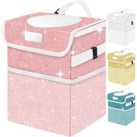 BAOGCOYO Car Trash Can for Car, Cute Mini Car Trash Bag with Lid, Glitter Car Garbage Can Bin Hanging for Back/Front Seat/Console, Waterproof, Leakproof, 2.5 Gallon, Pink Bling Sparkly