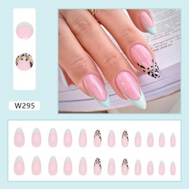 Pink Press on Nails, Medium Length Almond Shape Fake Nails French Tip Full Cover Glue on Nails Glossy Fresh Fake Nails with Leopard-Print, Artificial Stick on False Nails for Women&Girls, 24Pcs