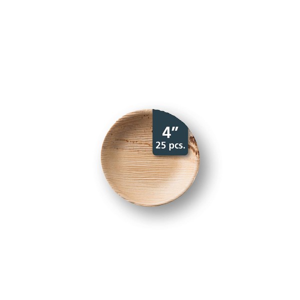 TheClearConscience - Small Palm Leaf Appetizer Plates, 4" round, 0.75" deep, 25 pcs, Bamboo & Wood Style, Biodegradable, Disposable